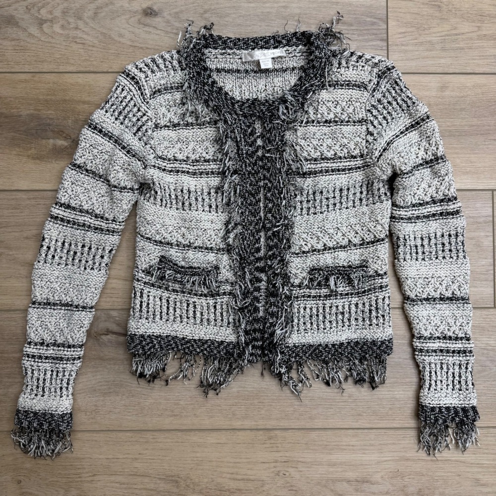 Boston Proper Fringe Chunky Knit Cropped Cardigan Jacket Striped Bohemian XS - Picture 1 of 15